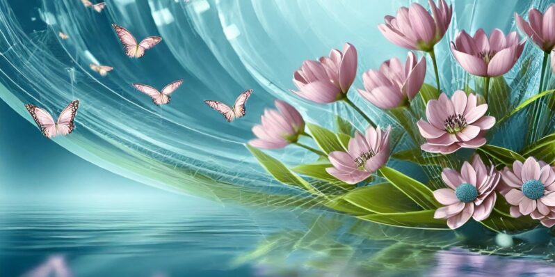 Umetniška slika cvetlic roza barve z metuljčki v ozadju, narejeno z UI Adobe Firefly